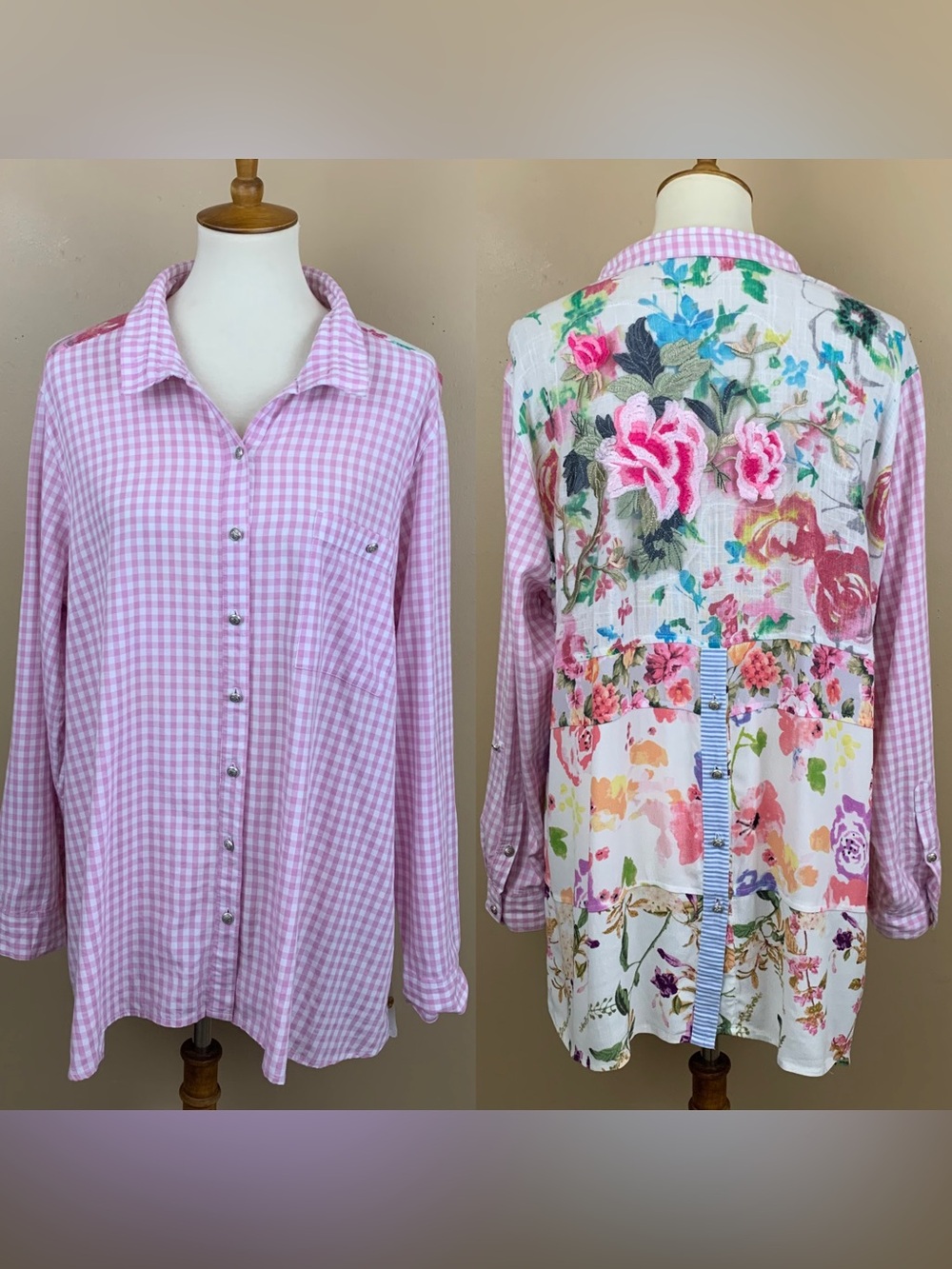 John Mark Top Womens XL Colorful Art To Wear Mixed Floral Tunic Roll Tab Sleeve